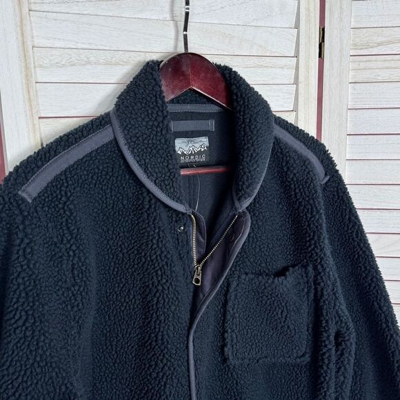 J. Crew Nordic Sherpa Fleece Shawl Collar Jacket Navy Blue Large Zip Snap - Picture 3 of 10